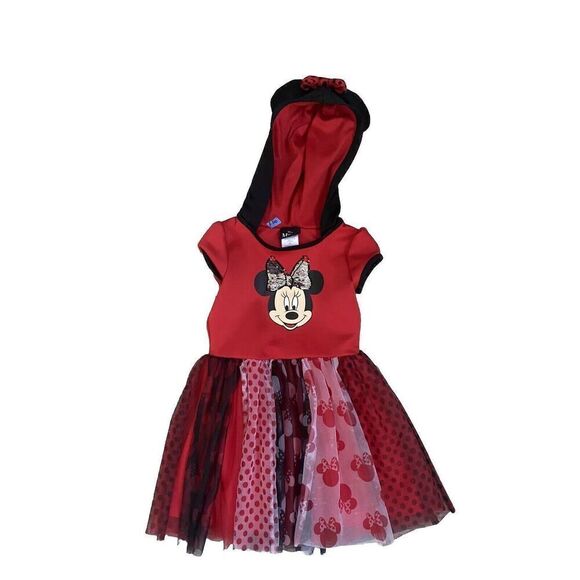 Disney Minnie Mouse Party Dress Red Black Tulle Sequins Hood Child Size S 6/6x - Picture 1 of 10